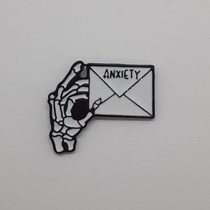 Skeleton Hand Holding“ANXIETY” Envelope Enamel Pin